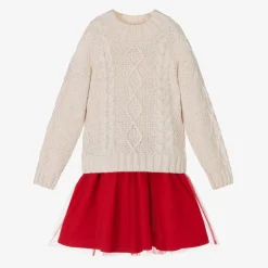 Tutto Piccolo Outfit Sets*Girls Beige Sweater & Red Tulle Skirt Set