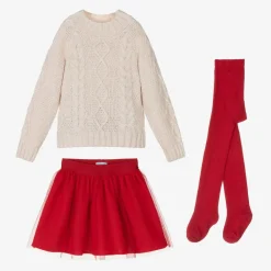 Tutto Piccolo Outfit Sets*Girls Beige Sweater & Red Tulle Skirt Set