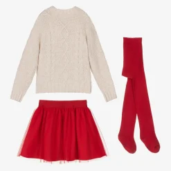 Tutto Piccolo Outfit Sets*Girls Beige Sweater & Red Tulle Skirt Set