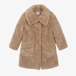 Monnalisa Coats & Jackets*Girls Beige Teddy Fleece Coat