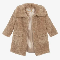 Monnalisa Coats & Jackets*Girls Beige Teddy Fleece Coat