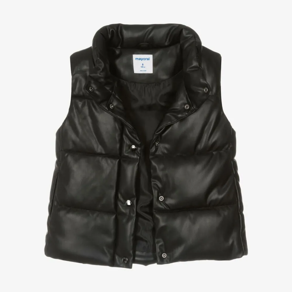 Mayoral Coats & Jackets*Girls Black Faux Leather Puffer Gilet