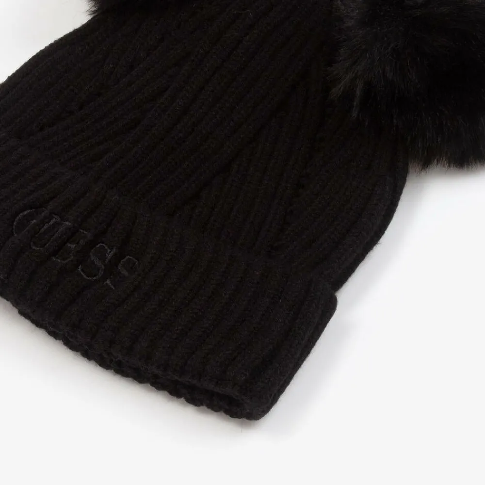 Guess Hats*Girls Black Knit Pom-Pom Hat