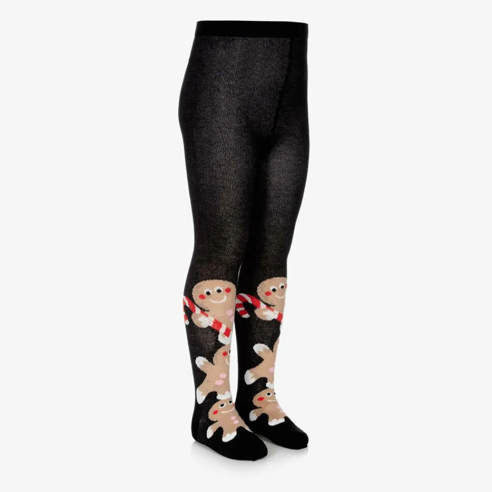 Wauw Capow Tights|Tights*Girls Black Organic Cotton Gingerbread Tights