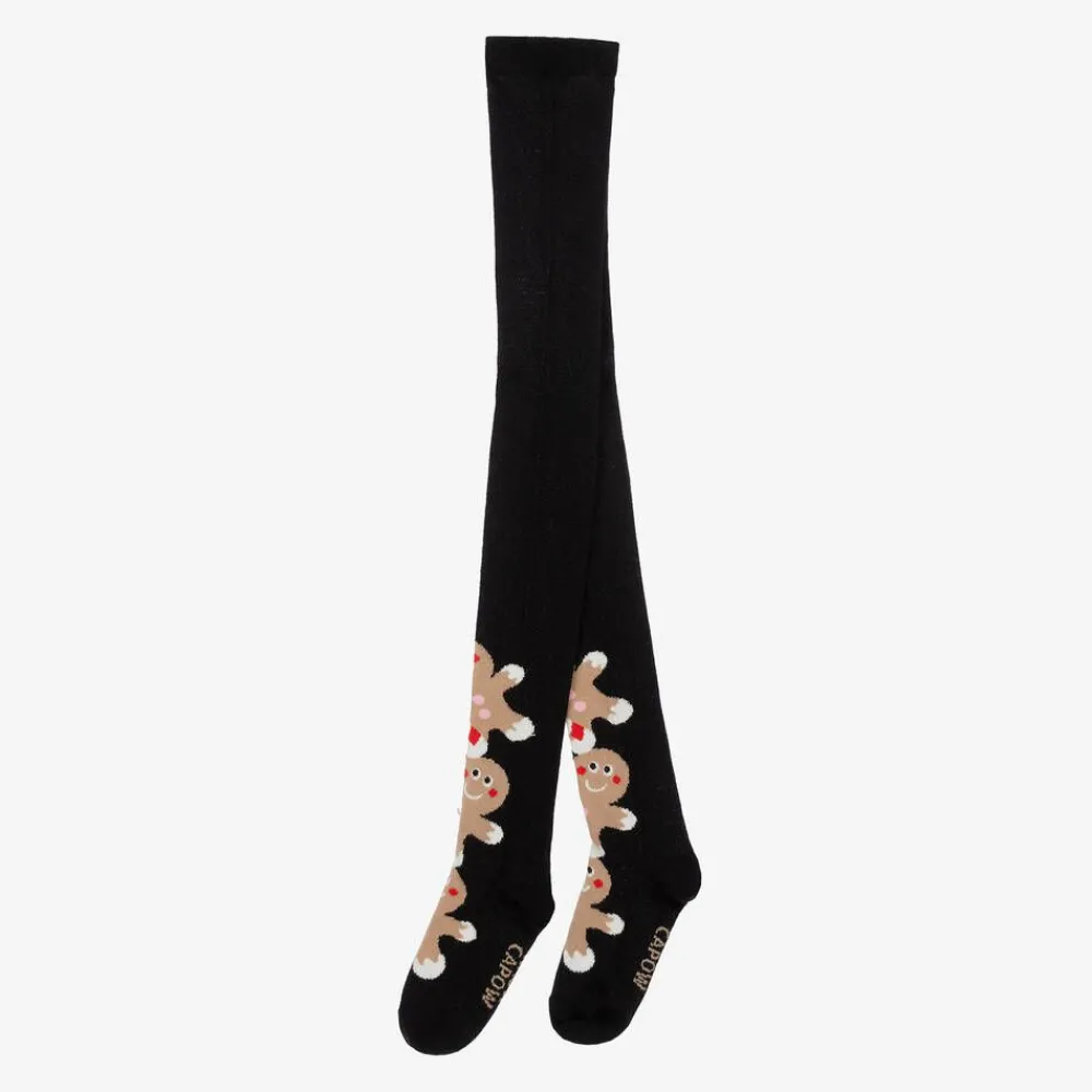 Wauw Capow Tights|Tights*Girls Black Organic Cotton Gingerbread Tights