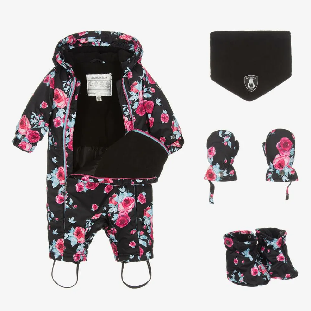 Deux par Deux Snowwear|Coats & Jackets*Girls Black Roses Snowsuit Set