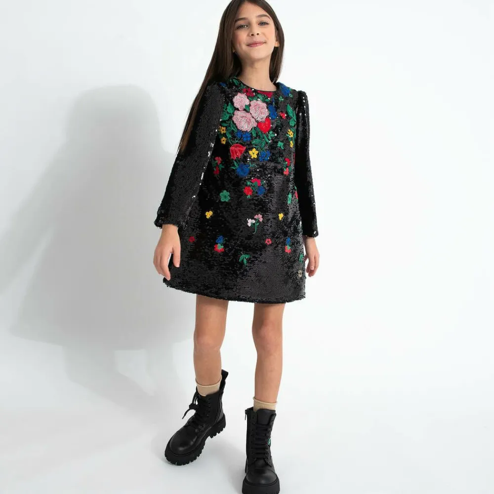 Elie Saab Dresses*Girls Black Sequin Embroidered Floral Dress