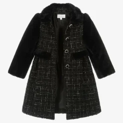 Patachou Coats & Jackets*Girls Black Tweed & Faux Fur Coat