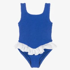 Hunza G Swimwear*Girls Blue & White Crinkle Frill Swimsuit RoyalBlue