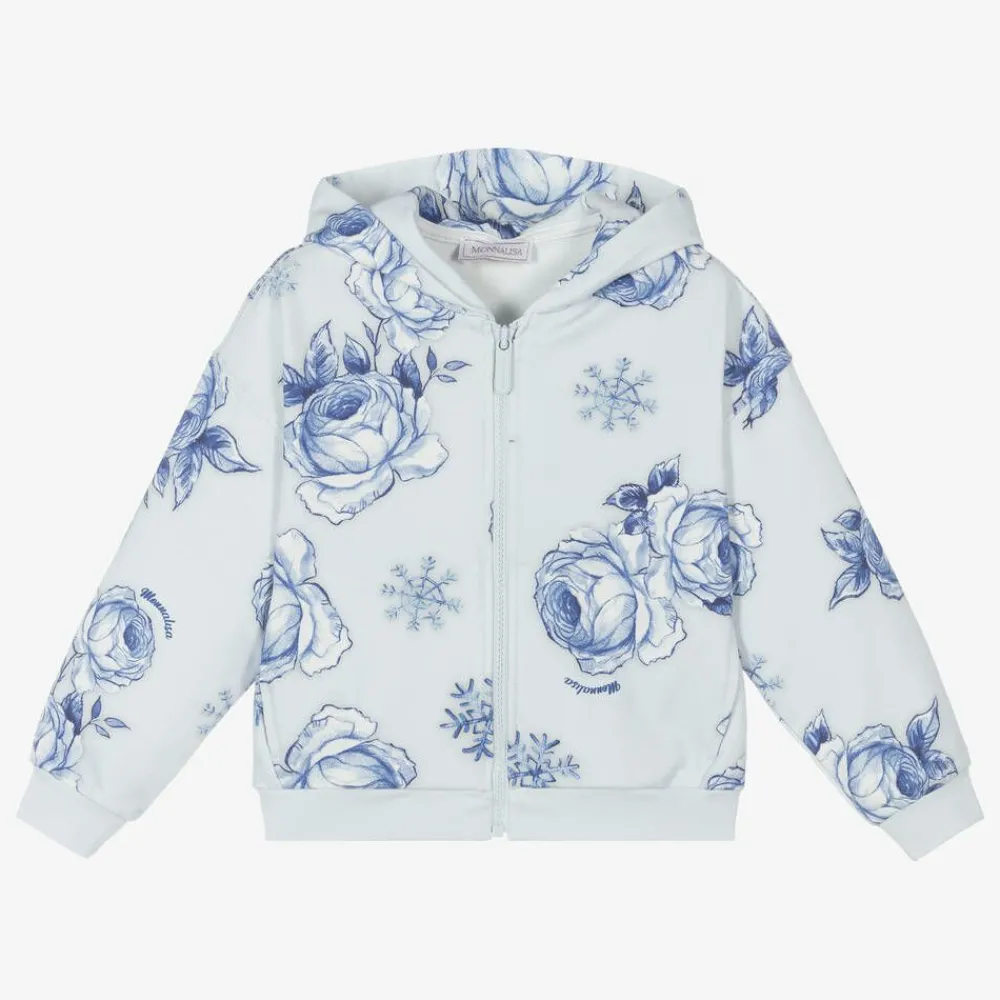 Monnalisa Tops*Girls Blue Floral Cotton Zip-Up Hoodie