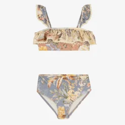 Zimmermann Swimwear*Girls Blue Floral Ruffle Bikini Spliced