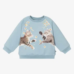 Molo Tops*Girls Blue Kitten Cotton Sweatshirt