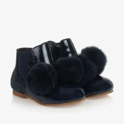 Beau KiD Boots*Girls Blue Patent Leather Pom-Pom Boots
