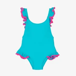 Selini Action Swimwear*Girls Blue Ruffle & Pink Pom-Pom Swimsuit
