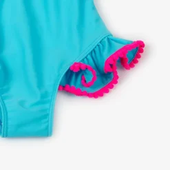 Selini Action Swimwear*Girls Blue Ruffle & Pink Pom-Pom Swimsuit