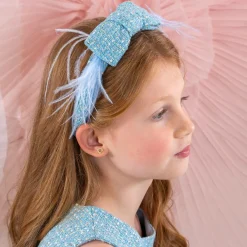 Patachou Hair Accessories*Girls Blue Tweed & Sequin Bow Hairband