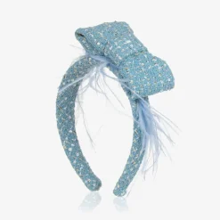 Patachou Hair Accessories*Girls Blue Tweed & Sequin Bow Hairband