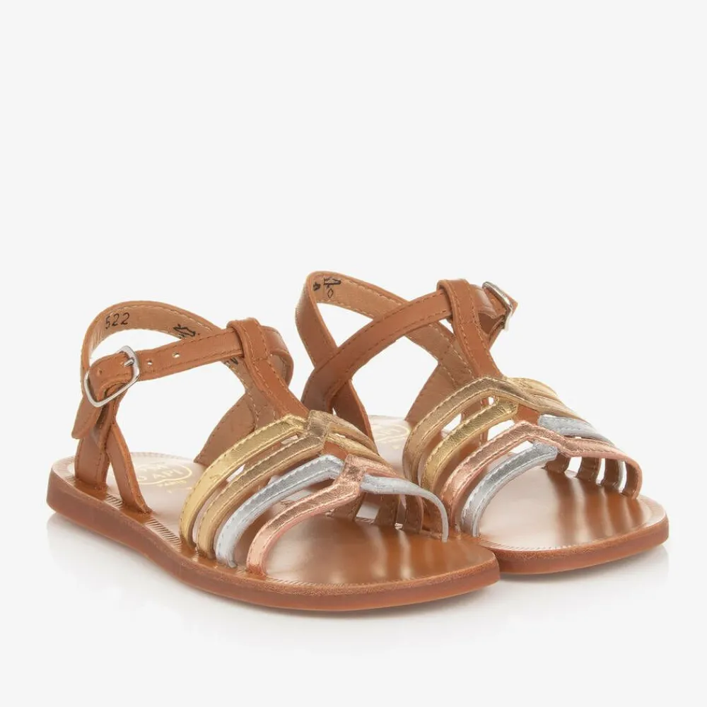 Pom dApi Sandals|Sandals*Girls Brown & Metallic Leather Sandals Camel