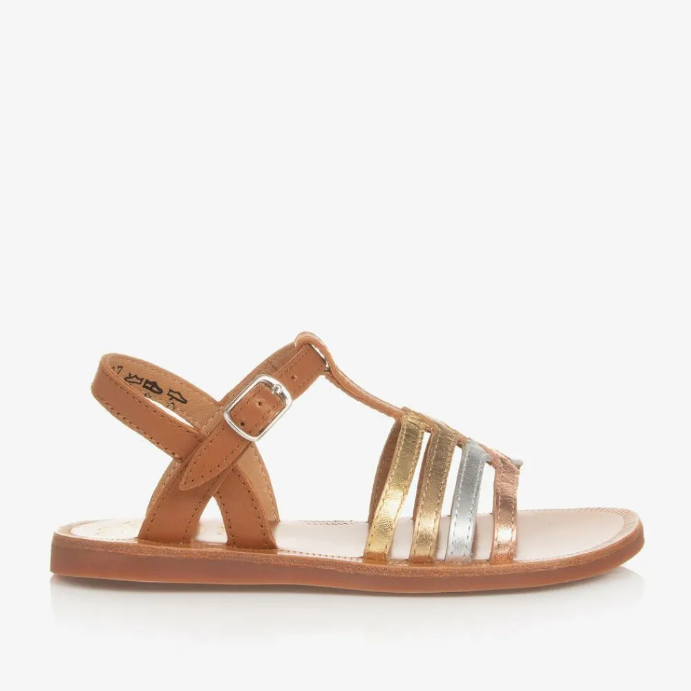 Pom dApi Sandals|Sandals*Girls Brown & Metallic Leather Sandals Camel