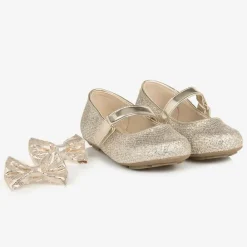 Michael Kors Kids Bar Shoes|Bar Shoes*Girls Glittery Gold Bow Ballet Pumps