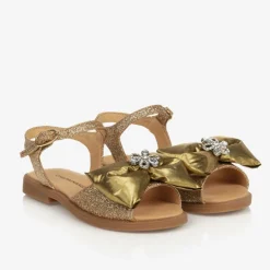 Childrensalon Occasions Sandals*Girls Glittery Gold Satin Bow Sandals