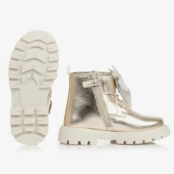 Monnalisa Boots*Girls Gold Leather Bow Ankle Boots