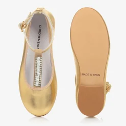 Childrensalon Occasions Bar Shoes|Bar Shoes*Girls Gold Leather Diamanté T-Bar Shoes