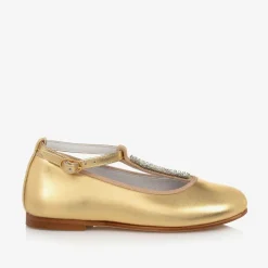 Childrensalon Occasions Bar Shoes|Bar Shoes*Girls Gold Leather Diamanté T-Bar Shoes