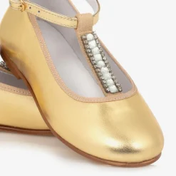 Childrensalon Occasions Bar Shoes|Bar Shoes*Girls Gold Leather Diamanté T-Bar Shoes