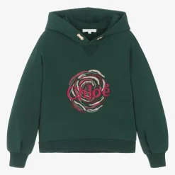 Chloé Tops*Girls Green Embroidered Cotton Hoodie