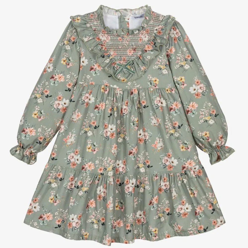 Babidu Dresses*Girls Green Floral Cotton Dress