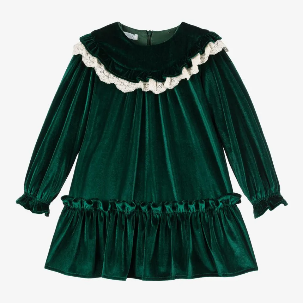 Foque Dresses*Girls Green Velour Dress
