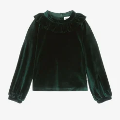 Molo Tops*Girls Green Velour Ruffle Blouse Aventurine