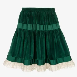 The Middle Daughter Skirts*Girls Green Velvet & Lace Skirt