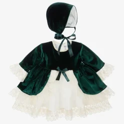 Andreeatex Dresses*Girls Green Velvet Dress & Hat Set