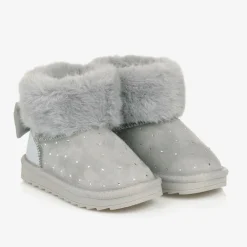 Monnalisa Boots|Boots*Girls Grey Faux Suede & Fur Trim Boots