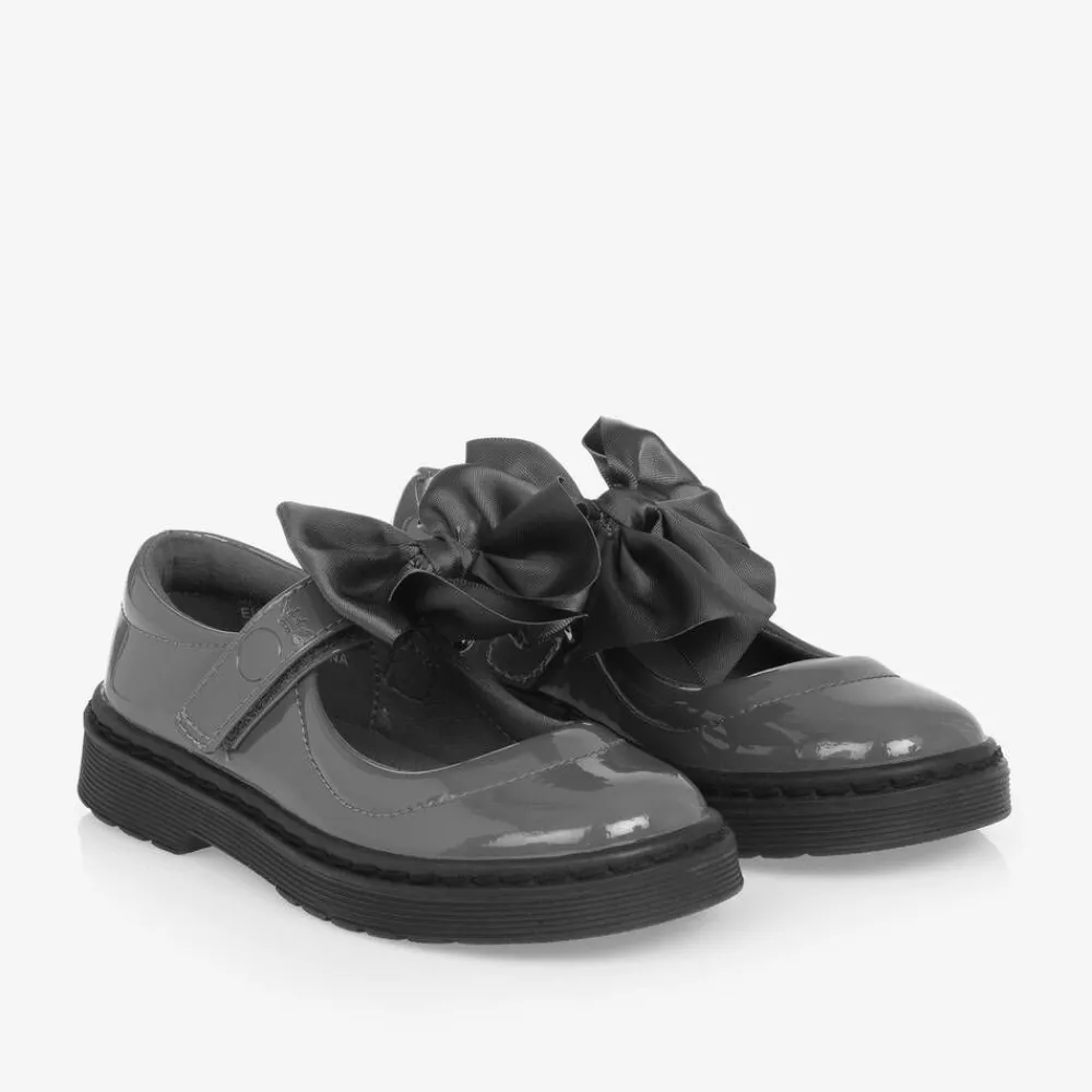 Caramelo Kids School Shoes*Girls Grey Patent Bow Shoes