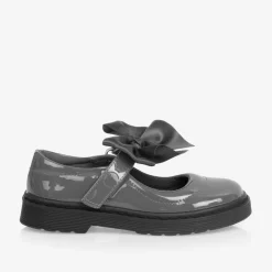 Caramelo Kids School Shoes*Girls Grey Patent Bow Shoes