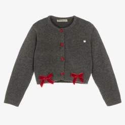 Piccola Speranza Tops*Girls Grey Wool & Red Velvet Bow Cardigan