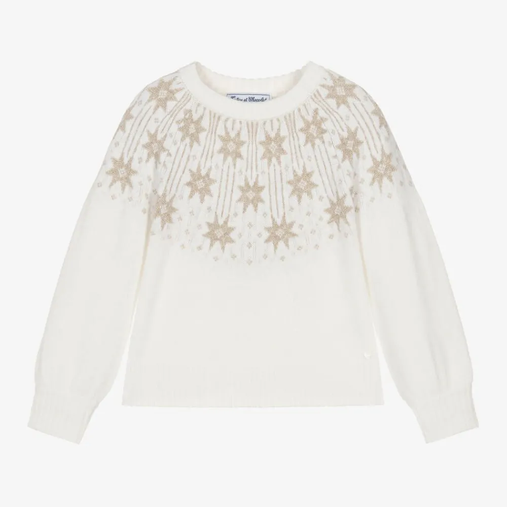 Tartine et Chocolat Tops*Girls Ivory & Gold Star Wool Sweater