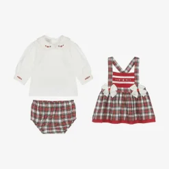 Pretty Originals Dresses*Girls Ivory & Red Tartan Pinafore Dress Set