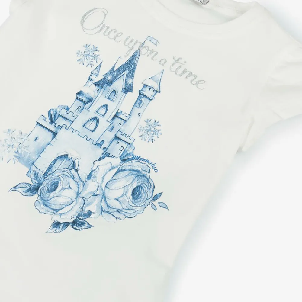 Monnalisa Tops*Girls Ivory Castle Print Cotton T-Shirt
