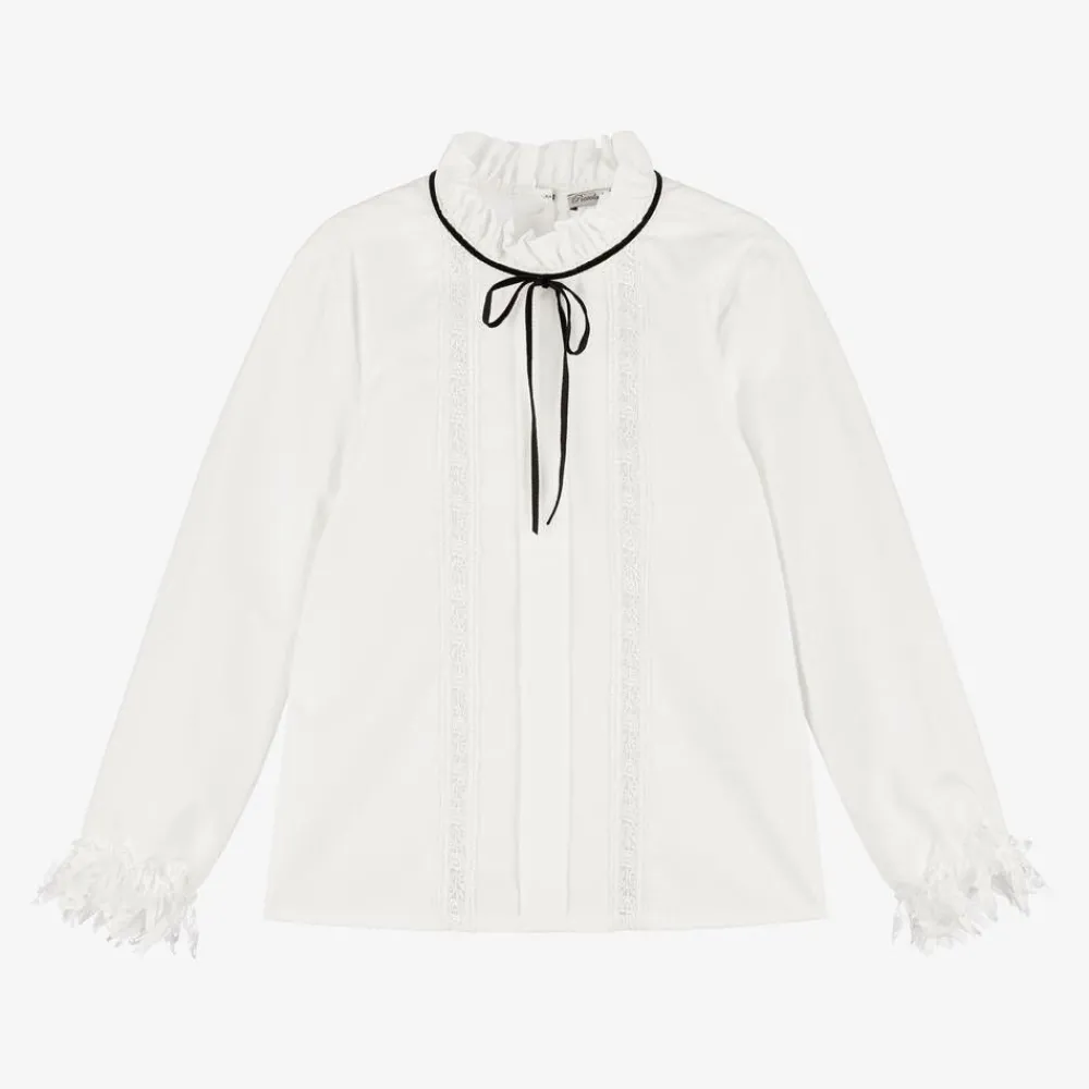 Piccola Speranza Tops*Girls Ivory Cotton & Lace Blouse