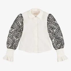 Junona Tops*Girls Ivory Cotton & Organza Blouse