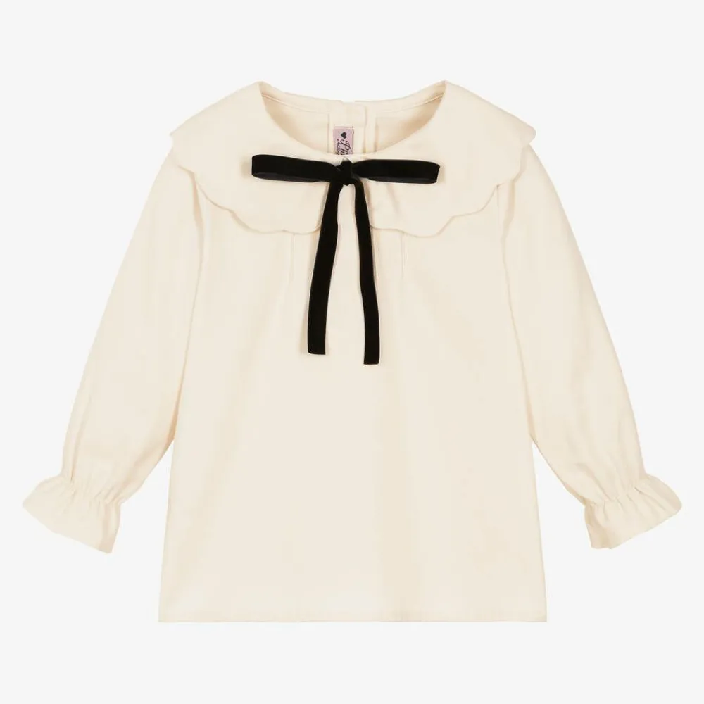Phi Clothing Tops*Girls Ivory Cotton Bow Collar Blouse