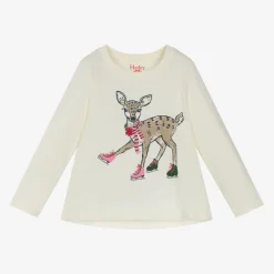 Hatley Tops*Girls Ivory Cotton Festive Deer T-Shirt