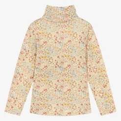 Petit Bateau Tops*Girls Ivory Cotton Floral Roll Neck Top