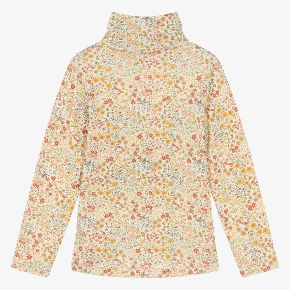 Petit Bateau Tops*Girls Ivory Cotton Floral Roll Neck Top