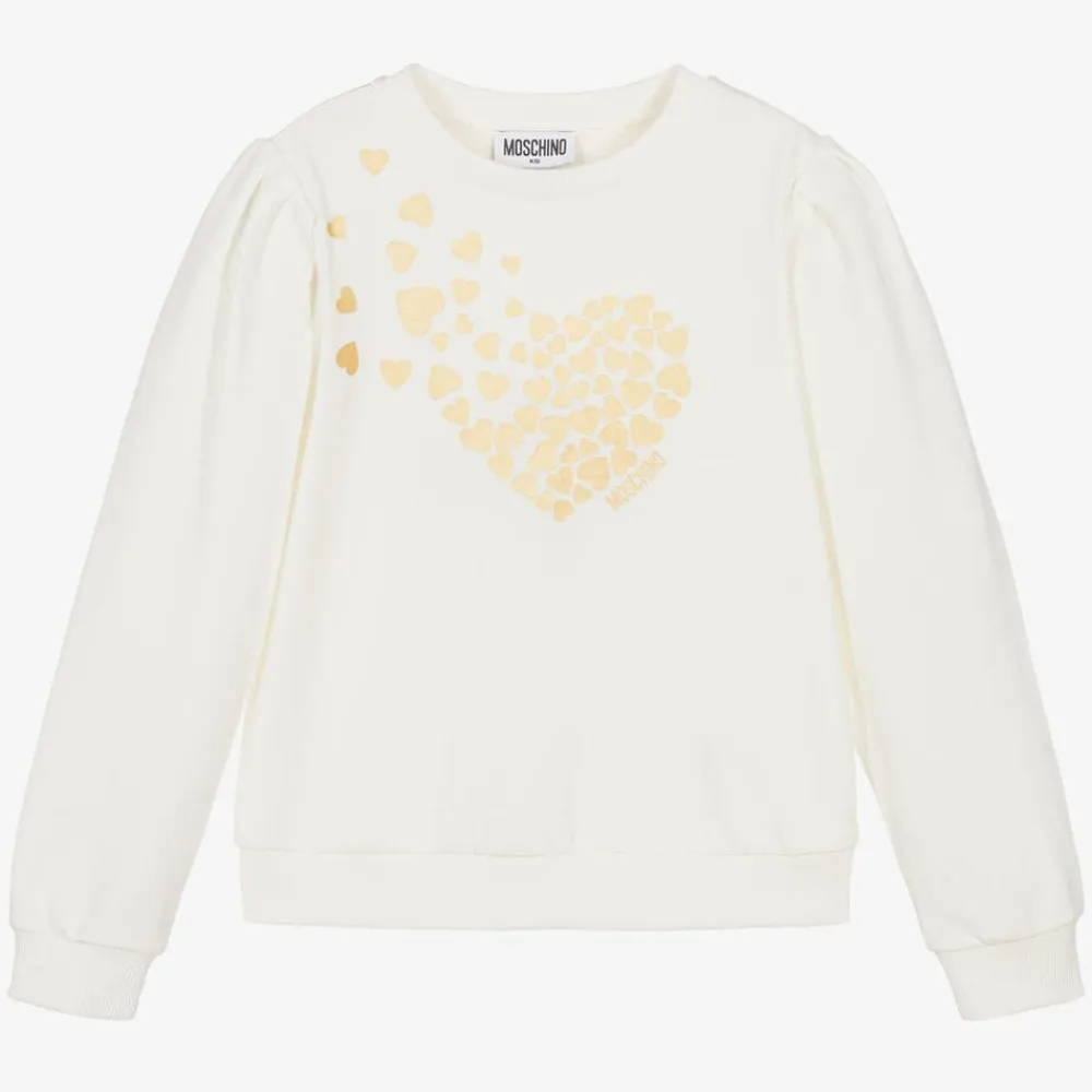 Moschino Kid-Teen Tops*Girls Ivory Cotton Heart Print Sweatshirt