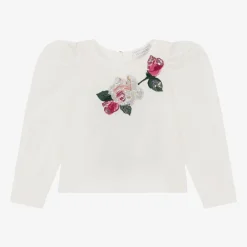 Monnalisa Tops*Girls Ivory Cotton Sequin Flower Blouse